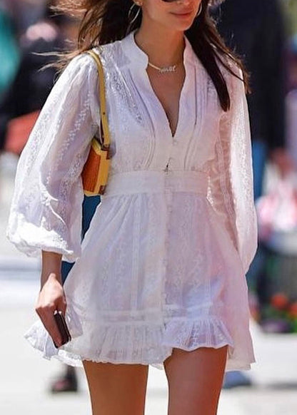 French White V Neck Ruffled Tie Waist Cotton Dress Fall QR008 BB-ZS-WM-FDM240929