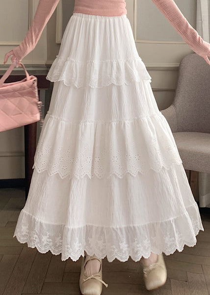 French White Wrinkled Elastic Waist Cotton Skirts Summer QQ1051 Ada Fashion