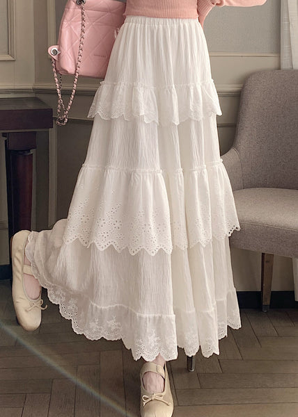 French White Wrinkled Elastic Waist Cotton Skirts Summer QQ1051 Ada Fashion