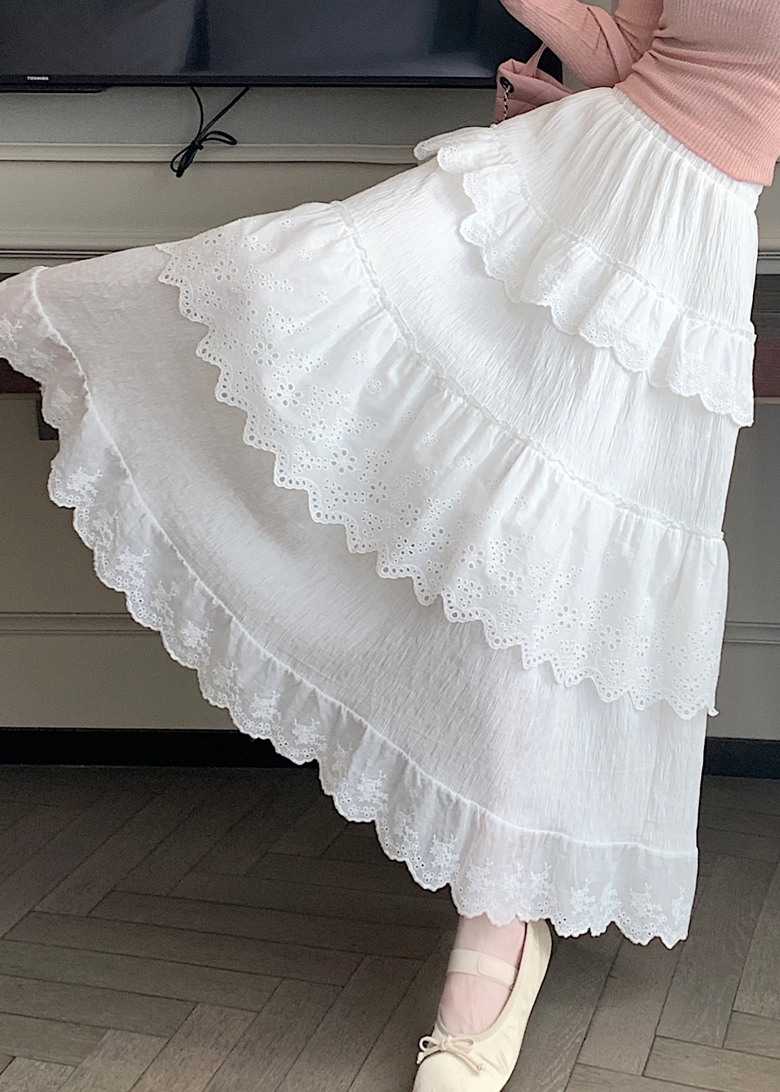 French White Wrinkled Elastic Waist Cotton Skirts Summer QQ1051 Ada Fashion