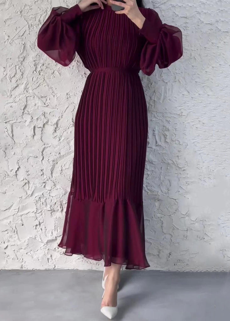 French Wine Red Wrinkled High Waist Chiffon Dress Fall QL008 OM-ZS241023