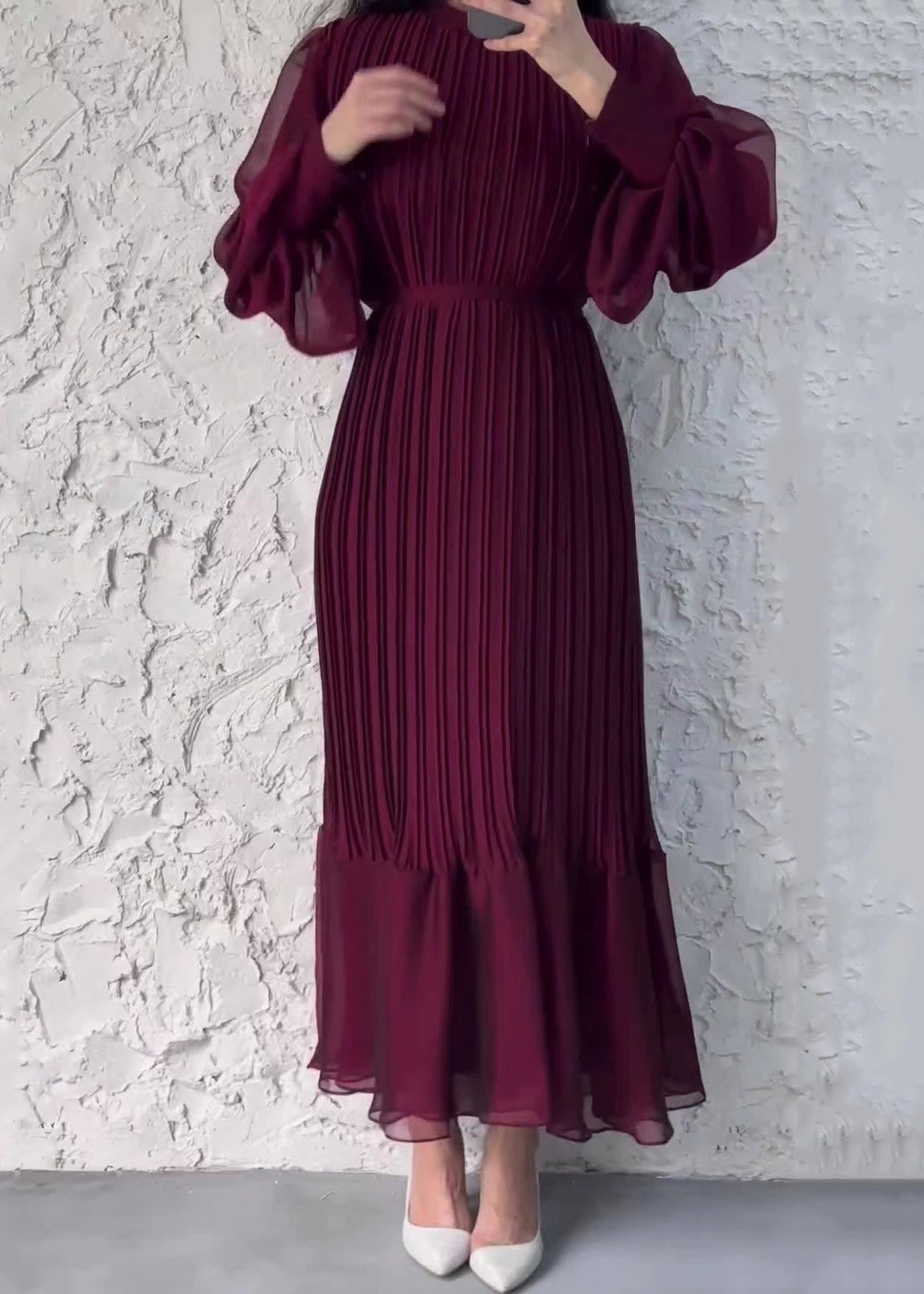 French Wine Red Wrinkled High Waist Chiffon Dress Fall QL008 OM-ZS241023