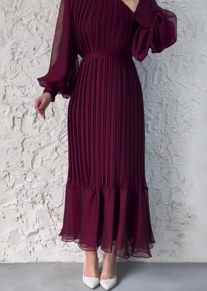 French Wine Red Wrinkled High Waist Chiffon Dress Fall QL008 OM-ZS241023