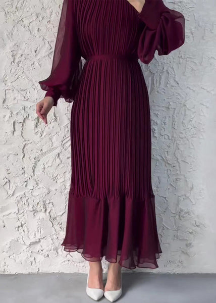 French Wine Red Wrinkled High Waist Chiffon Dress Fall QL008 OM-ZS241023