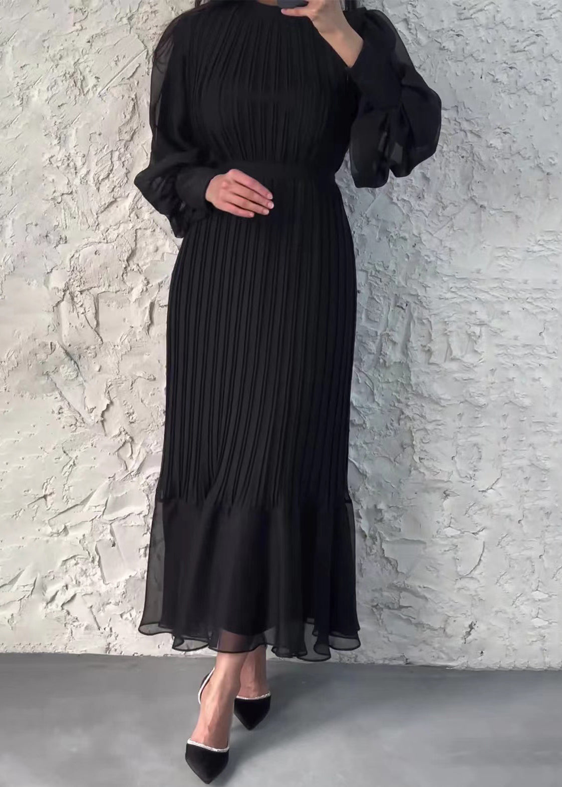 French Wine Red Wrinkled High Waist Chiffon Dress Fall QL008 OM-ZS241023