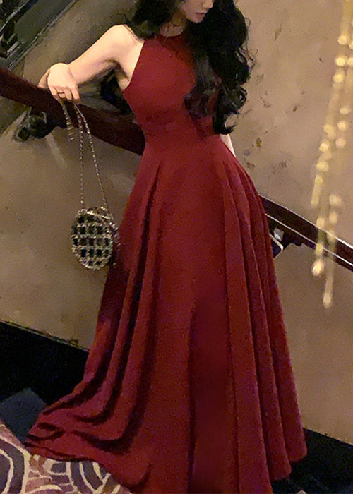 French Wine Red Zippered Solid Cotton Long Dresses Sleeveless XX015 SH-LF-SDL240611