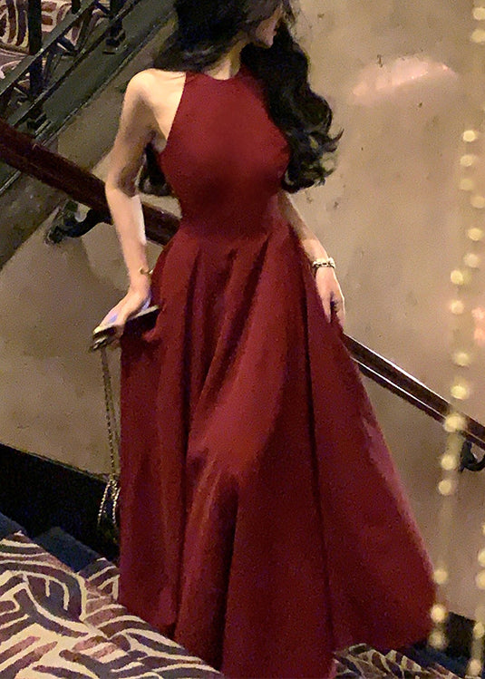 French Wine Red Zippered Solid Cotton Long Dresses Sleeveless XX015 SH-LF-SDL240611