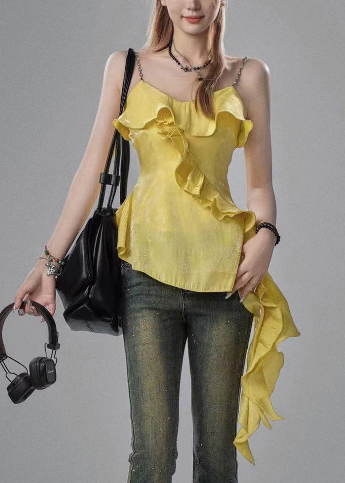 French Yellow Asymmetrical Ruffled Cotton Spaghetti Strap Tank Sleeveless KK073 SH-LF-VTP240602