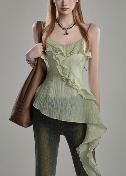 French Yellow Asymmetrical Ruffled Cotton Spaghetti Strap Tank Sleeveless KK073 SH-LF-VTP240602