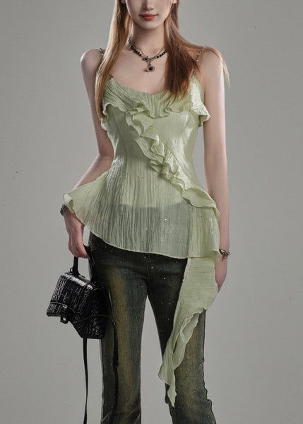 French Yellow Asymmetrical Ruffled Cotton Spaghetti Strap Tank Sleeveless KK073 SH-LF-VTP240602