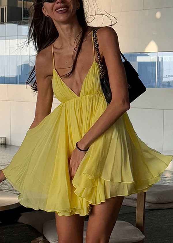 Backless Halter French Summer Spaghetti Yellow Strap Dress FashionChic