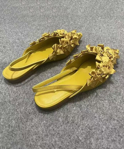 French Yellow Bow Pointed Toe Flat Sandals KJ061 Shoe-LX240714