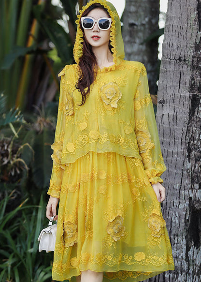 French Yellow Embroidered Patchwork Silk Hooded Dresses Summer YY015 OL-SDM2408-16