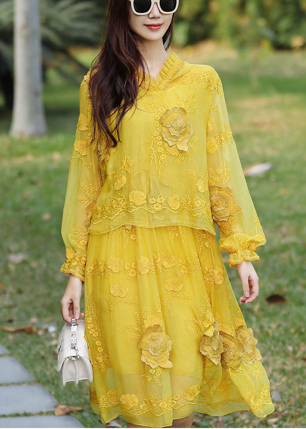 French Yellow Embroidered Patchwork Silk Hooded Dresses Summer YY015 OL-SDM2408-16