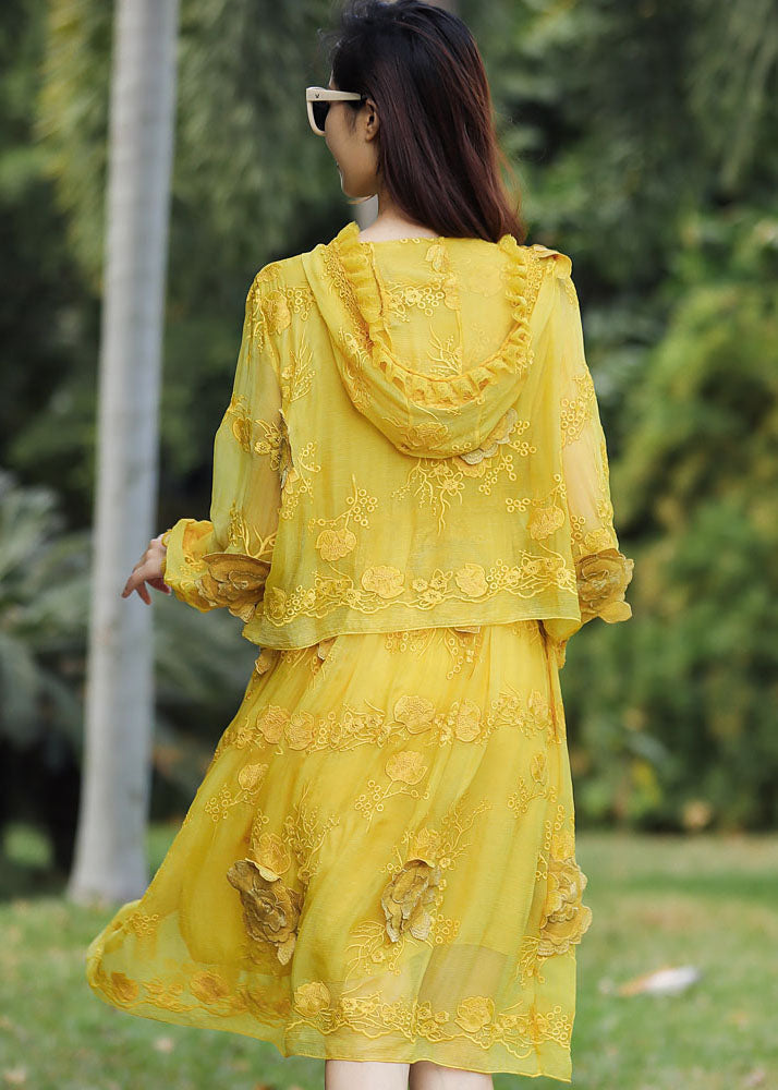 French Yellow Embroidered Patchwork Silk Hooded Dresses Summer YY015 OL-SDM2408-16