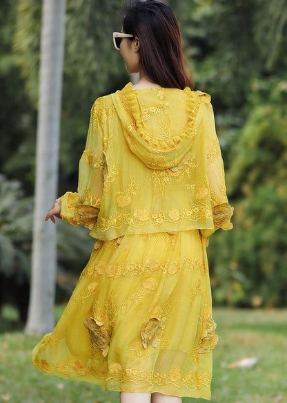 French Yellow Embroidered Patchwork Silk Hooded Dresses Summer YY015 OL-SDM2408-16