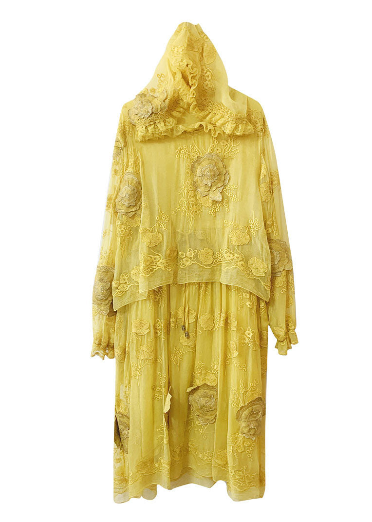 French Yellow Embroidered Patchwork Silk Hooded Dresses Summer YY015 OL-SDM2408-16