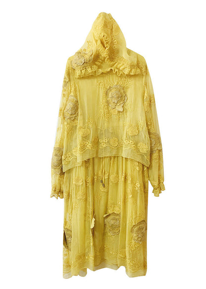 French Yellow Embroidered Patchwork Silk Hooded Dresses Summer YY015 OL-SDM2408-16