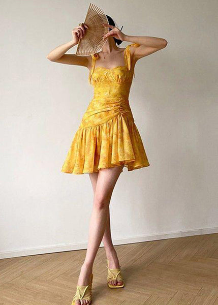 French Yellow Embroidered Slim Fit Strap Dresses Summer EE1001 SH-LF-SDM240517