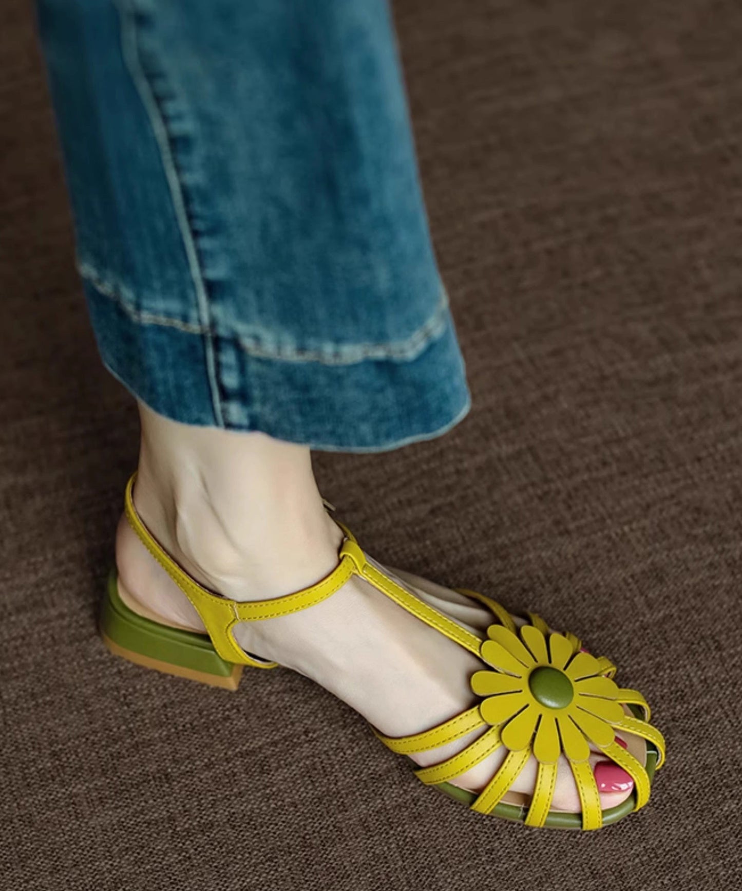 French Yellow Hollow Out Sandals Splicing Floral Chunky AA019 shoe-CS240815