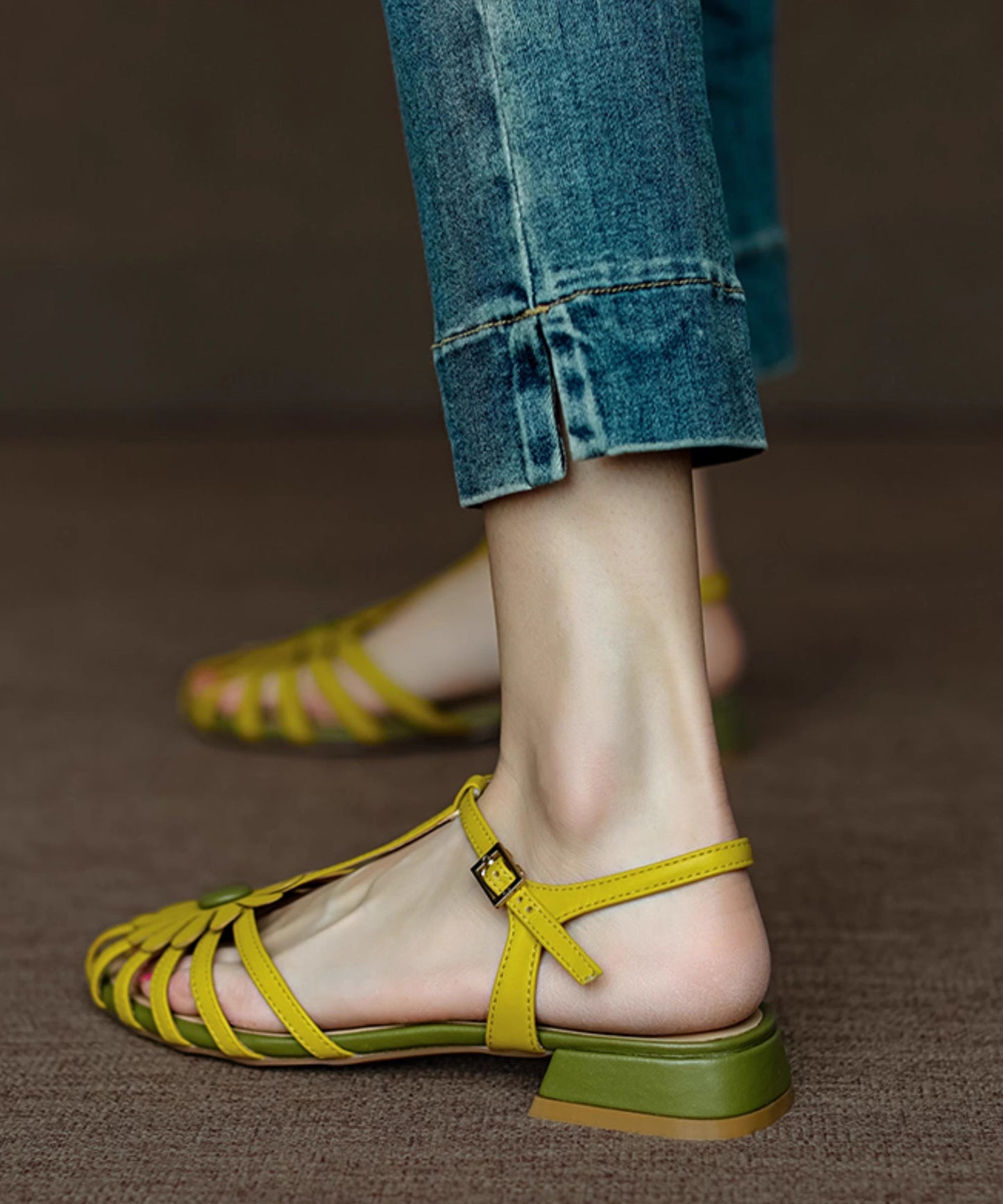 French Yellow Hollow Out Sandals Splicing Floral Chunky AA019 shoe-CS240815