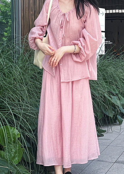 French Yellow Lace Up Tops And Skirts Cotton Two Pieces Set Spring YZ030 ABC