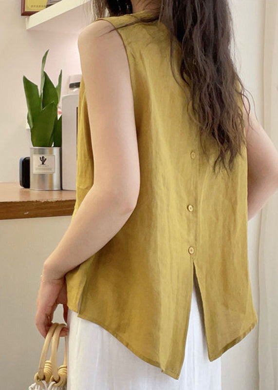 Yellow Blouse French Cotton O Button Sleeveless Neck Tops FashionChic