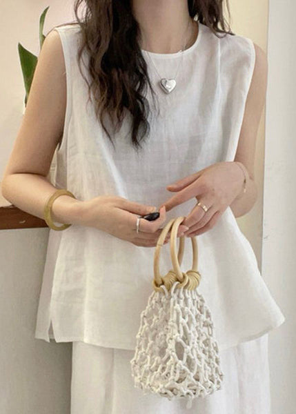 Yellow Blouse French Cotton O Button Sleeveless Neck Tops FashionChic