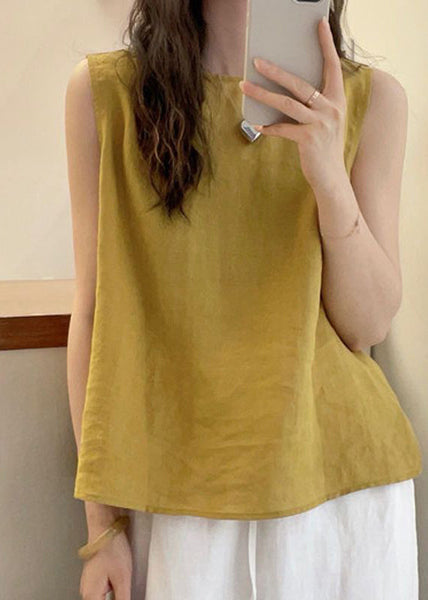 Yellow Blouse French Cotton O Button Sleeveless Neck Tops FashionChic