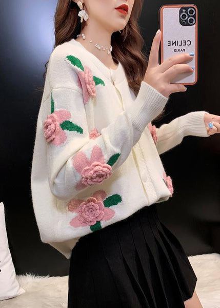 French Yellow O Neck Floral Button Knit Loose Coat Spring TN051 ABC