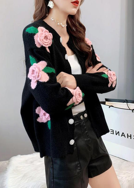 French Yellow O Neck Floral Button Knit Loose Coat Spring TN051 ABC