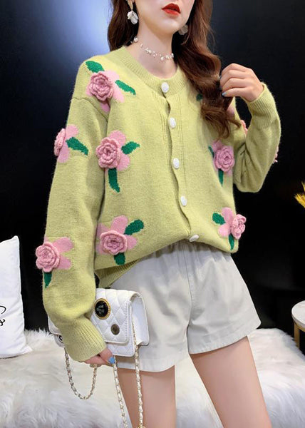 French Yellow O Neck Floral Button Knit Loose Coat Spring TN051 ABC