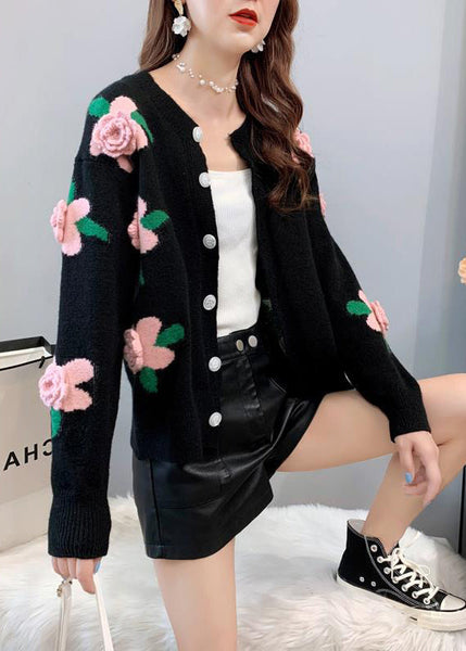 French Yellow O Neck Floral Button Knit Loose Coat Spring TN051 ABC