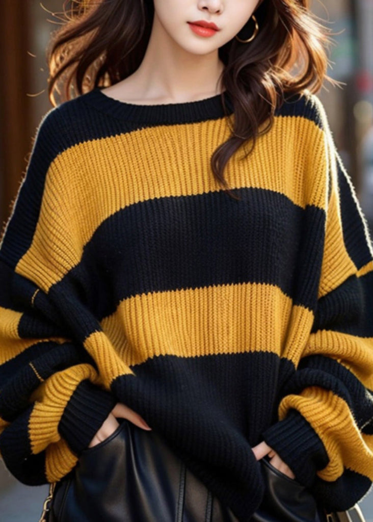 French Yellow O Neck Striped Cozy Knit Sweaters Winter WK001 OM-SW241119