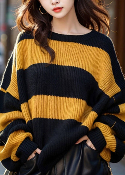 French Yellow O Neck Striped Cozy Knit Sweaters Winter WK001 OM-SW241119