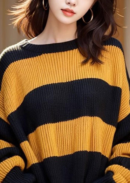 French Yellow O Neck Striped Cozy Knit Sweaters Winter WK001 OM-SW241119
