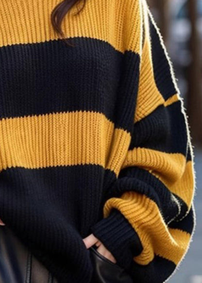 French Yellow O Neck Striped Cozy Knit Sweaters Winter WK001 OM-SW241119