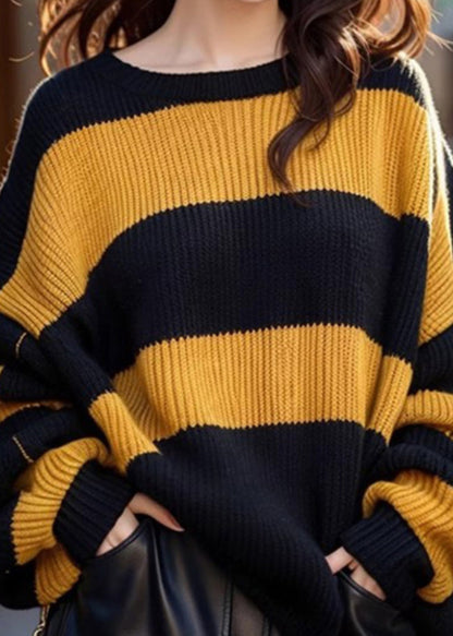 French Yellow O Neck Striped Cozy Knit Sweaters Winter WK001 OM-SW241119