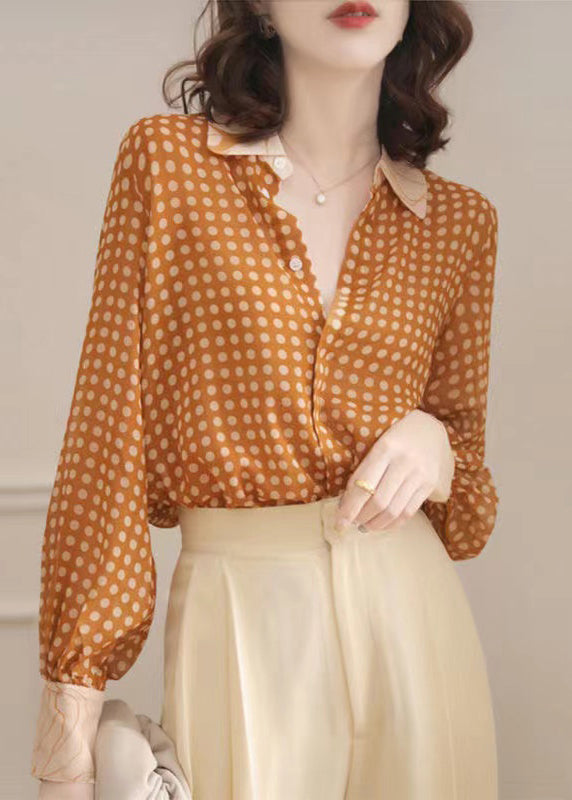 French Yellow Peter Pan Collar Dot Chiffon Blouse Spring Ada Fashion