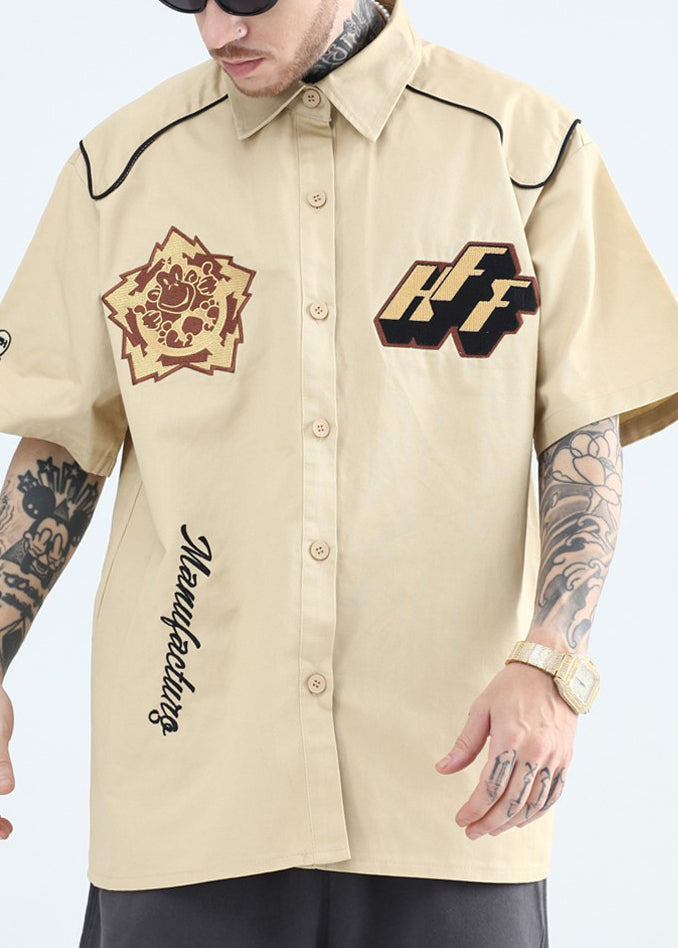 Mens Pan Yellow Collar Shirts Peter French Print Cotton Summer FashionChic