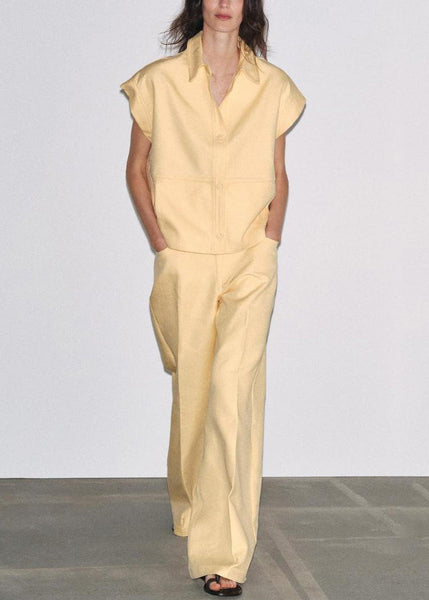 Two Pants And Pan Collar Pieces Peter Tops French Yellow Cotton FashionChic