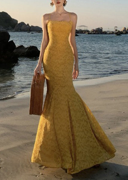 Dress Print French Yellow Maxi Spaghetti Strap Fishtail FashionChic