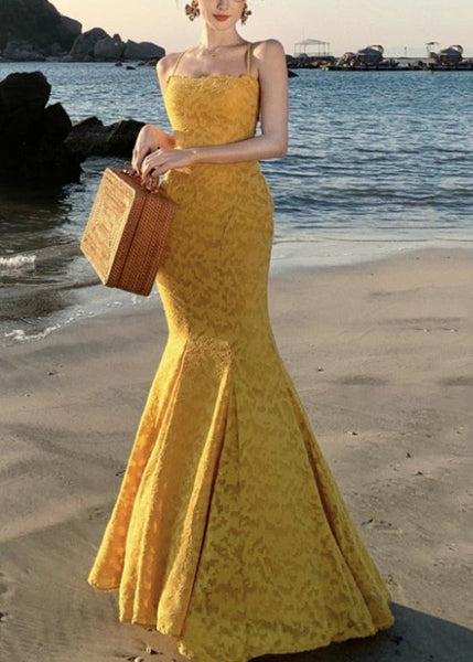 Dress Print French Yellow Maxi Spaghetti Strap Fishtail FashionChic