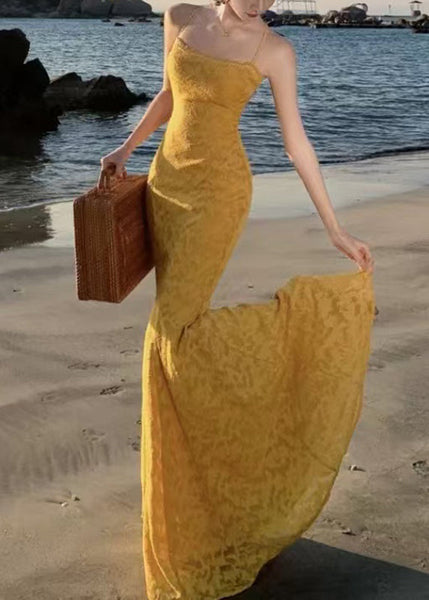Dress Print French Yellow Maxi Spaghetti Strap Fishtail FashionChic