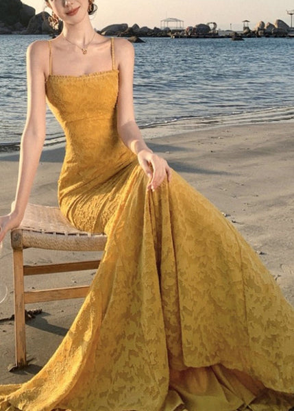 Dress Print French Yellow Maxi Spaghetti Strap Fishtail FashionChic