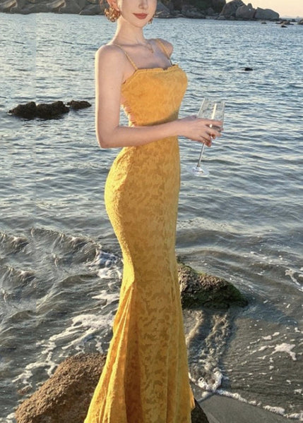 Dress Print French Yellow Maxi Spaghetti Strap Fishtail FashionChic