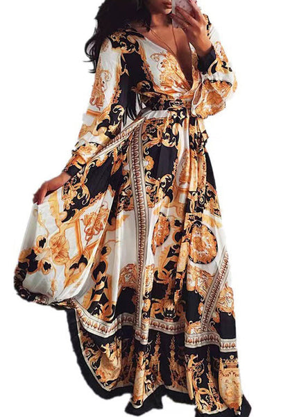 French Yellow Print V Neck Cotton Dress Long Sleeve FF075 SH-LF-FDL240603