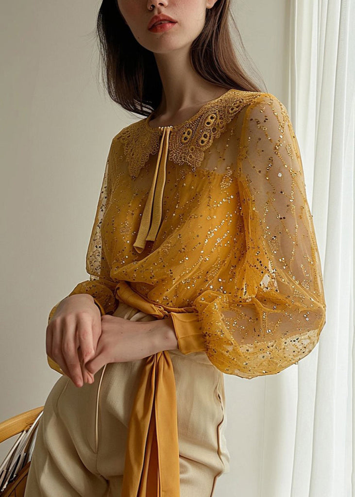 French Yellow Sequins Patchwork Tulle Shirt Long Sleeve OP1067 Ada Fashion