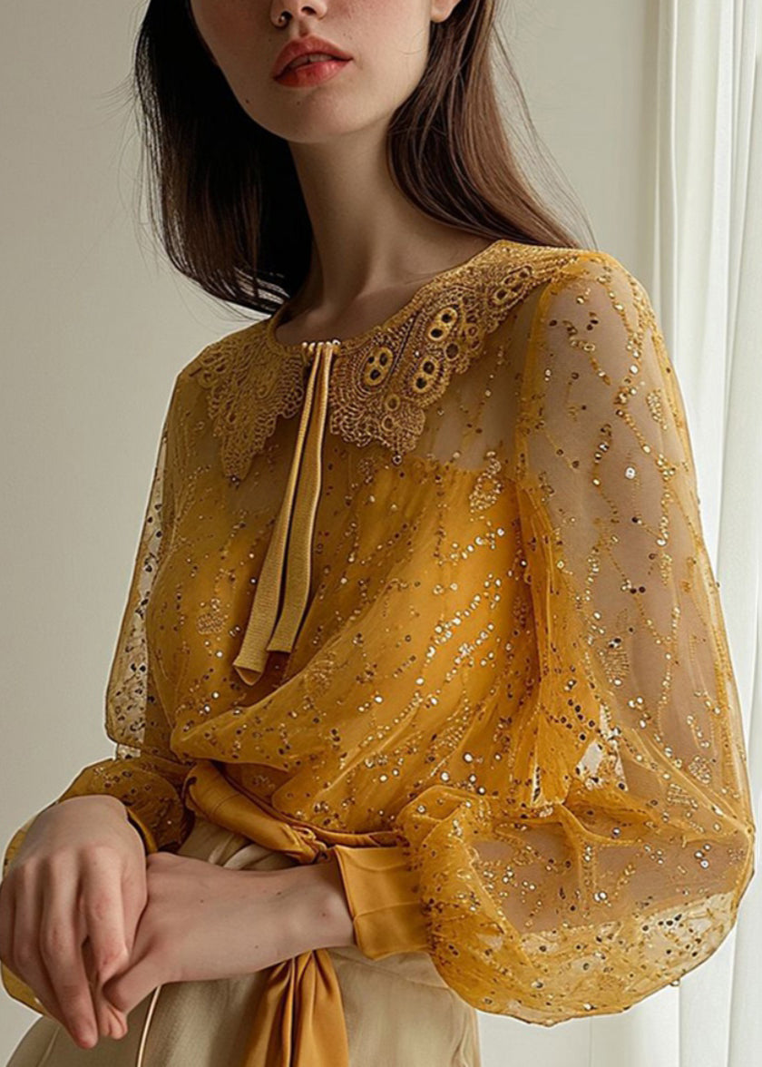 French Yellow Sequins Patchwork Tulle Shirt Long Sleeve OP1067 Ada Fashion