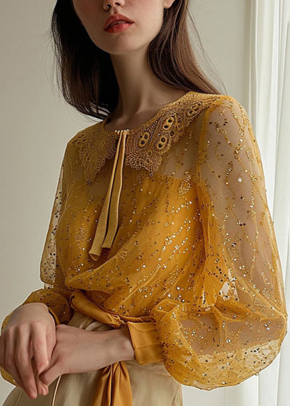 French Yellow Sequins Patchwork Tulle Shirt Long Sleeve OP1067 Ada Fashion